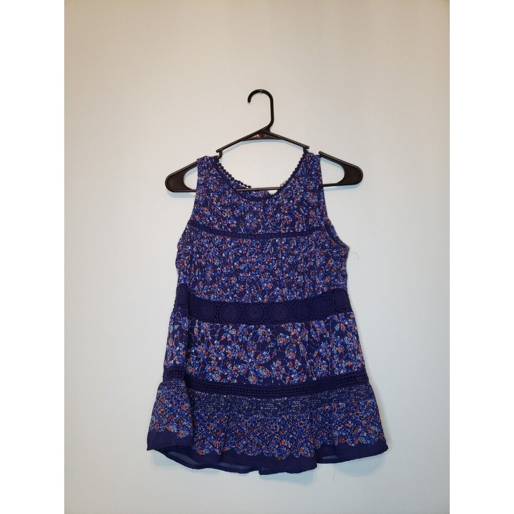Daniel Rainn Womens XS Boho Tank Top Sleeveless Blue Floral Lace Tiered Back Tie - Picture 1 of 7